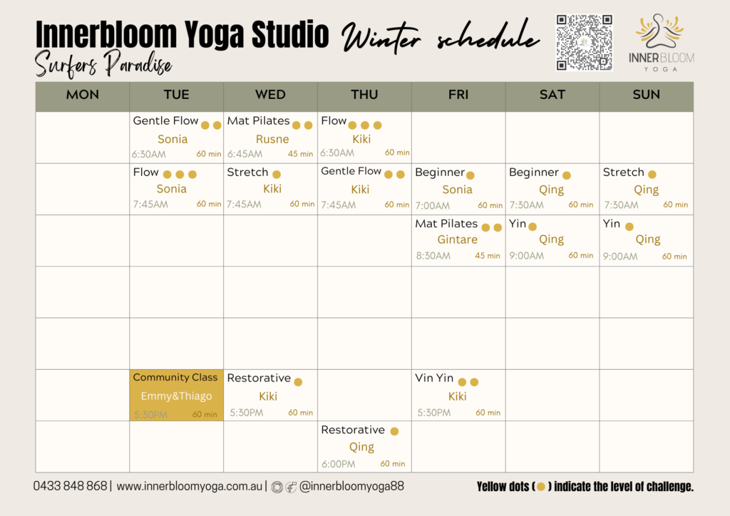 Innerbloom Yoga Studio Winter Timetable 2025